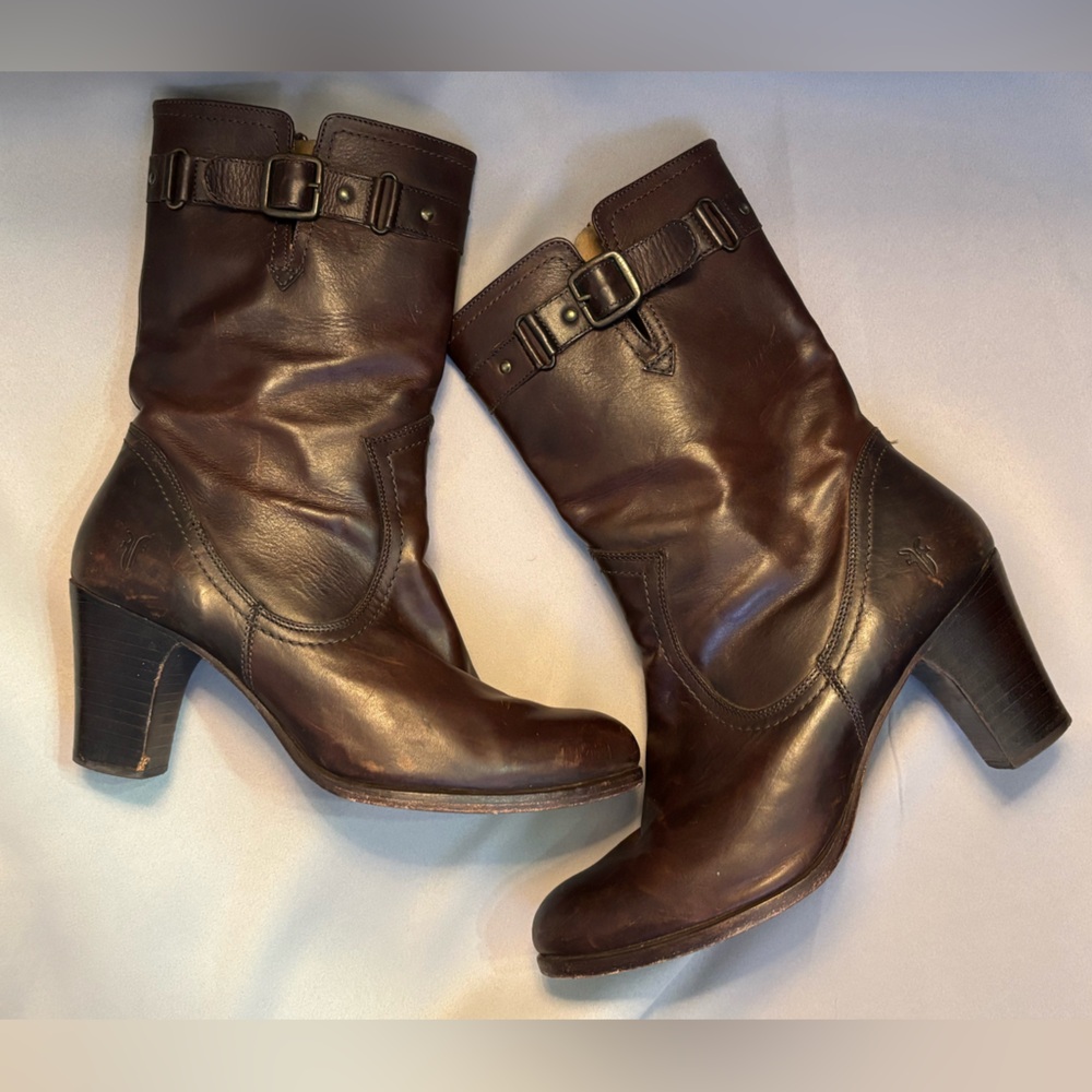 Frye Fiona heeled mid-calf leather heeled boots in brown- size 8.5